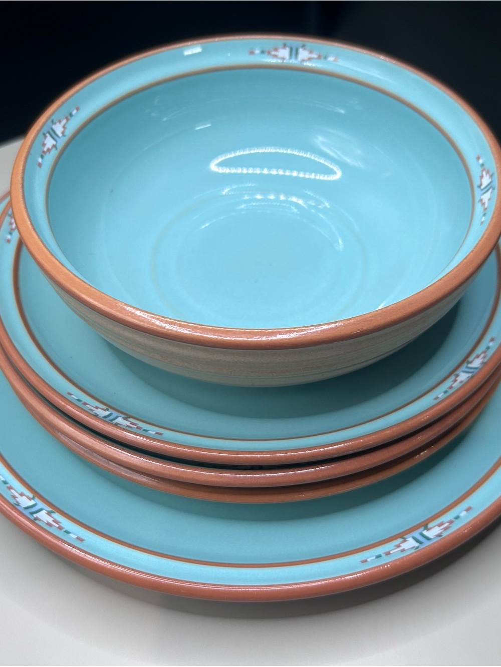 Noritake Boulder Ridge Turquoise and Terra Cotta Rim Dinnerware